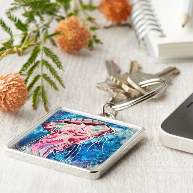 Porte-clés Art de méduse à l'aquarelle océan (Côté)