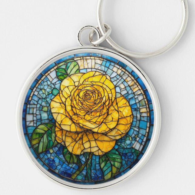Porte-clés Art de verre teinté circulaire de rose jaune vibra (Devant)
