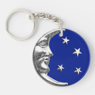 Porte-clés Art Déco Lune et Etoiles - Bleu Cobalt et Argent