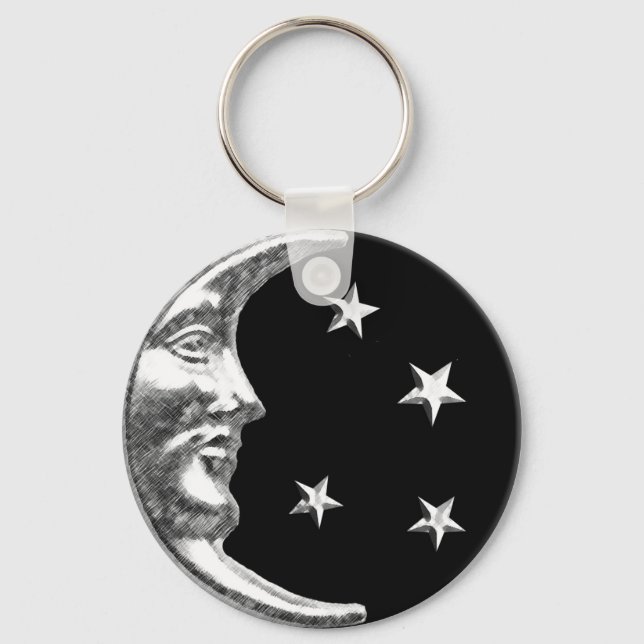 Porte-clés Art déco Lune et étoiles - Noir et Argent (Recto)