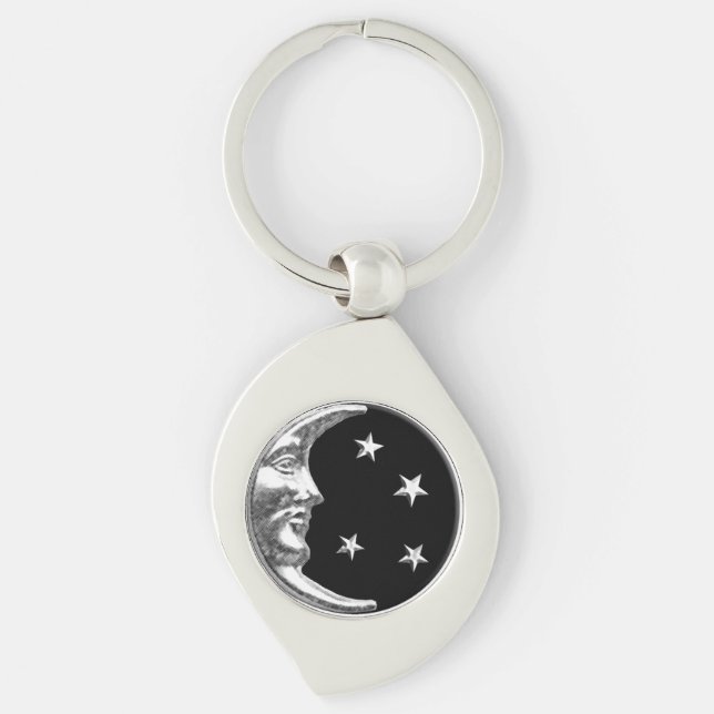 Porte-clés Art déco Lune et étoiles - Noir et Argent (Devant)
