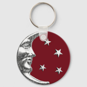 Porte-clés Art Déco Lune et étoiles - Rouge foncé et argent