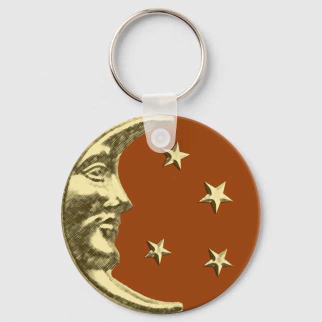Porte-clés Art Déco Lune et Etoiles - Rust Brown et or (Recto)