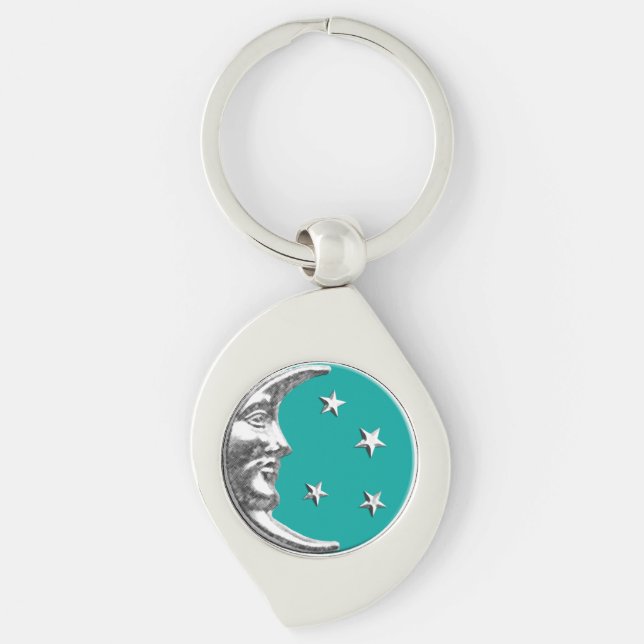 Porte-clés Art Déco Lune et Etoiles - Turquoise & Argent (Devant)