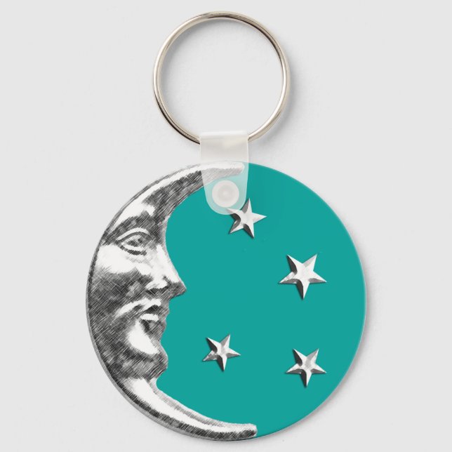 Porte-clés Art Déco Lune et Etoiles - Turquoise & Argent (Recto)