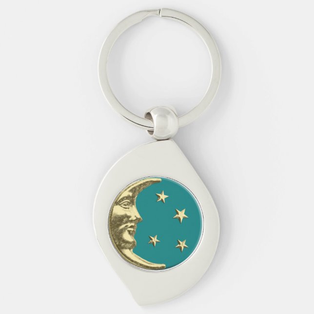 Porte-clés Art Déco Lune et Etoiles - Turquoise et or (Devant)