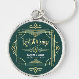 Porte-clés Art Déco Mariage Love & Merci Gold Green Faveur