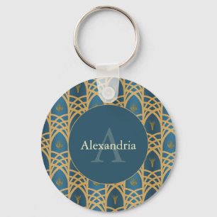 Porte-clés Art Déco personnalisé Nom & Monogramme Sarcelle &