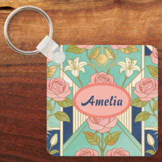 Porte-clés Art Déco Personnalisé Roses Roses Floral Nom