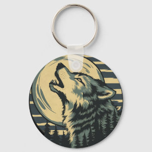 Porte-clés Art du loup hurlant sarcelle sous la lune
