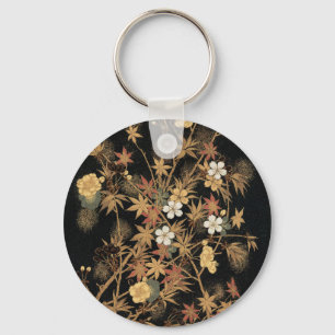 Porte-clés Art floral automnal noir doré vintage japonais