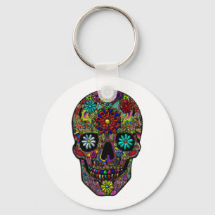 Porte-clés Art floral du crâne peint