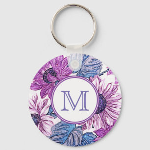 Porte-clés Art floral vintage violet et bleu Monogramme