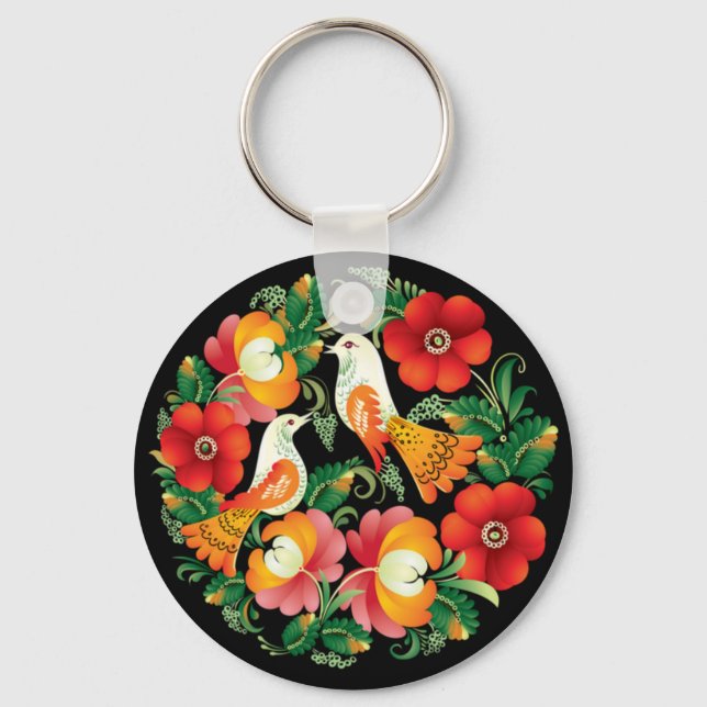 Porte-clés Art Folk Exquise Oiseaux Fleurs Belle Décor (Recto)