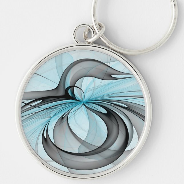 Porte-clés Art fractal moderne gris anthracite abstrait bleu (Devant)
