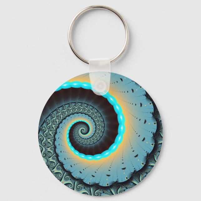 Porte-clés Art fractal spirale abstrait bleu turquoise orange (Recto)