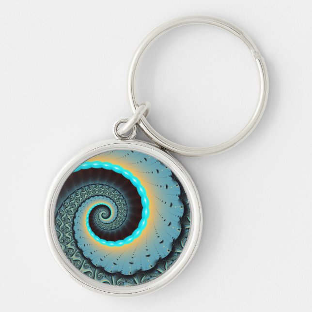 Porte-clés Art fractal spirale abstrait bleu turquoise orange (Devant)