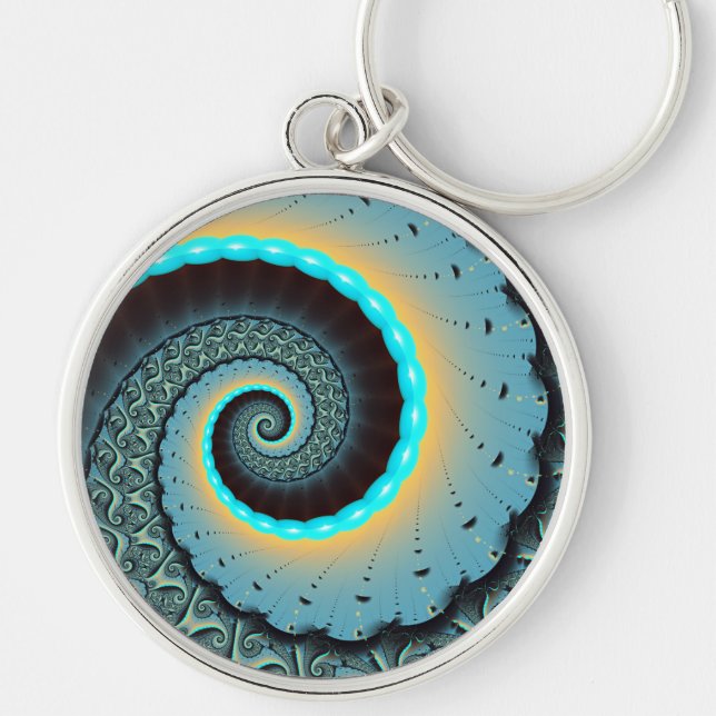 Porte-clés Art fractal spirale abstrait bleu turquoise orange (Devant)