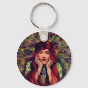 Porte-clés Art nouveau déco femme paon plumes élégant