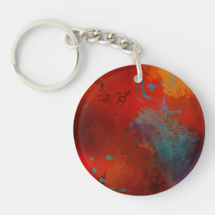 Porte-clés Art numérique abstrait grunge rouge, aqua et or