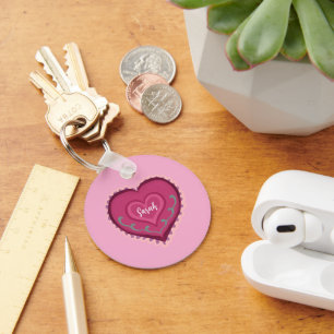 Porte-clés Art populaire style coeur rose ornement décoré