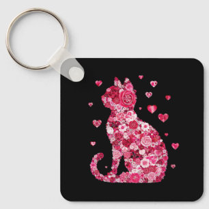 Porte-clés Art Silhouette Chat Floral