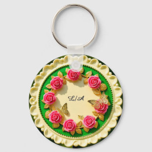 Porte-clés Assiette décorative à bordure verte avec rose rose