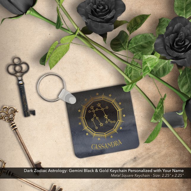 Porte-clés Astrologie Zodiaque foncée : Gemini Black Gold Nom (Dark Zodiac Astrology: Gemini Black & Gold Keychain Personalized with Your Name)
