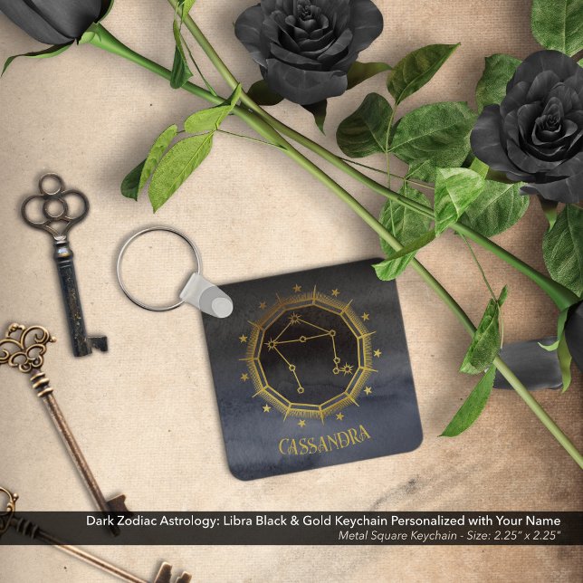 Porte-clés Astrologie Zodiaque foncée : Libra Black Gold Nom (Dark Zodiac Astrology: Libra Black & Gold Keychain Personalized with Your Name)
