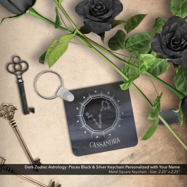 Porte-clés Astrologie Zodiaque foncée : Poissons Noir Nom Arg (Dark Zodiac Astrology: Pisces Black & Silver Keychain Personalized with Your Name)