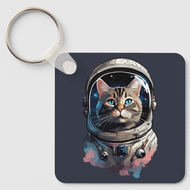 Porte-clés Astronaut Chat Dans L'Espace Aquarelle Art (Recto)