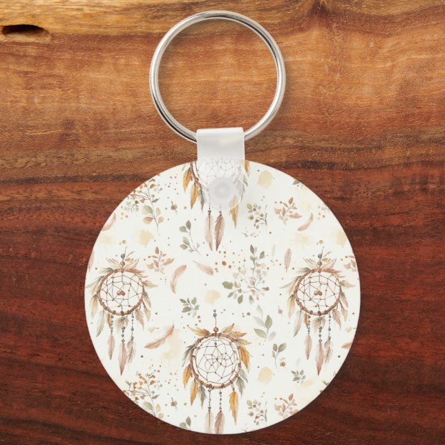 Porte-clés Attrape-rêves plumes Boho crème (Recto)