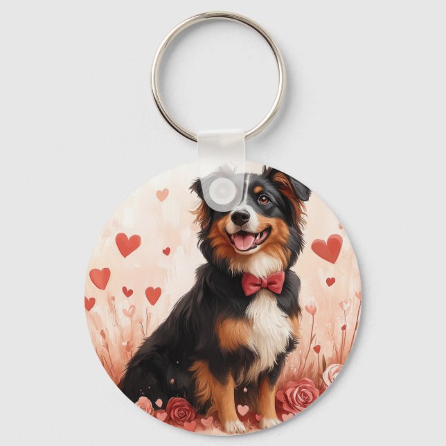 Porte-clés Australian Shepherd avec des Roses - Saint-Valenti (Recto)
