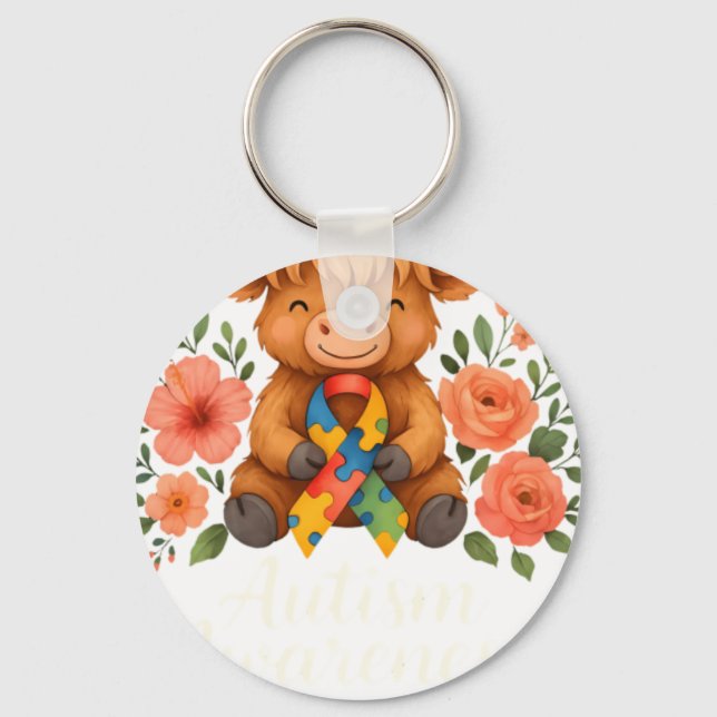 Porte-clés Autism Awareness Highland Cow Flora (Recto)