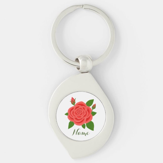 Porte-clés avec rose rouge et boutons et texte (Devant)