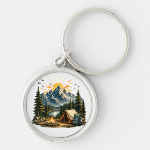 Porte-clés Aventure de camping en montagne Coucher de soleil
