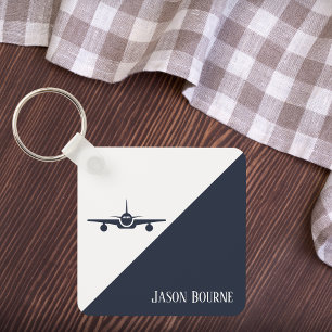 Porte-clés Avion Bleu Nuit et Blanc Photo de Voyage Élégante