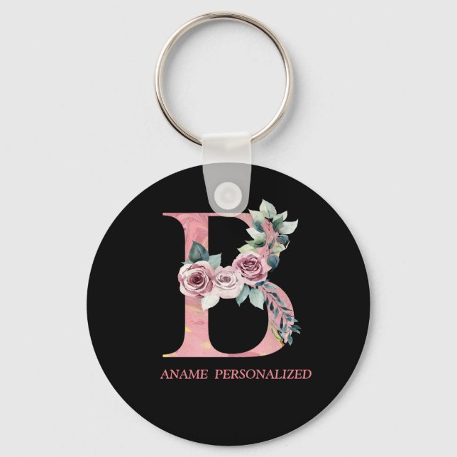 Porte-clés B Floral Monogramme Nom Lettres Pink Agate Porte - (Recto)