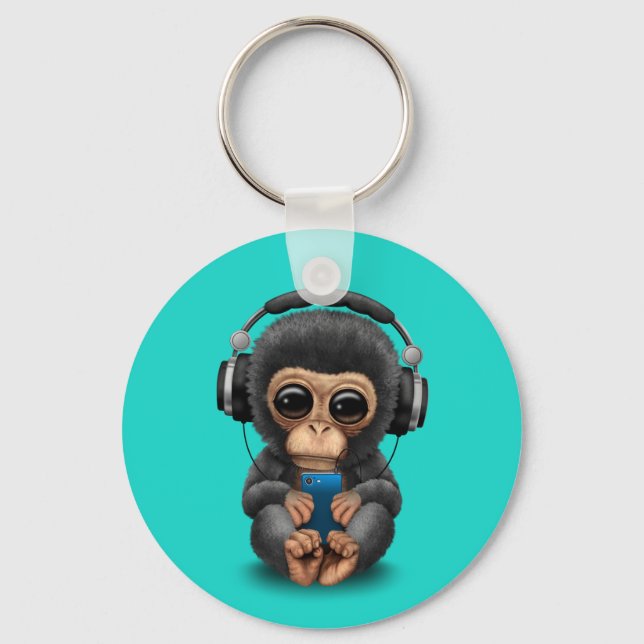 Porte-clés Baby Chimp avec casque et téléphone portable (Recto)