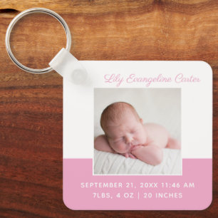 Porte-clés Baby Girl Pink Photo Elegant Birth Stats Keepsake