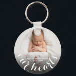 Porte-clés Baby Photo Personalized<br><div class="desc">Your baby's phone,  name and the text "OUR HEARTS" are featured on this keychain in chic white text. Create for yourself or give to someone you love. MORE designs in our collection.</div>