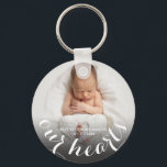 Porte-clés Baby Photo Personalized<br><div class="desc">Your baby's phone,  name and the text "OUR HEARTS" are featured on this keychain in chic white text. Create for yourself or give to someone you love. MORE designs in our collection.</div>