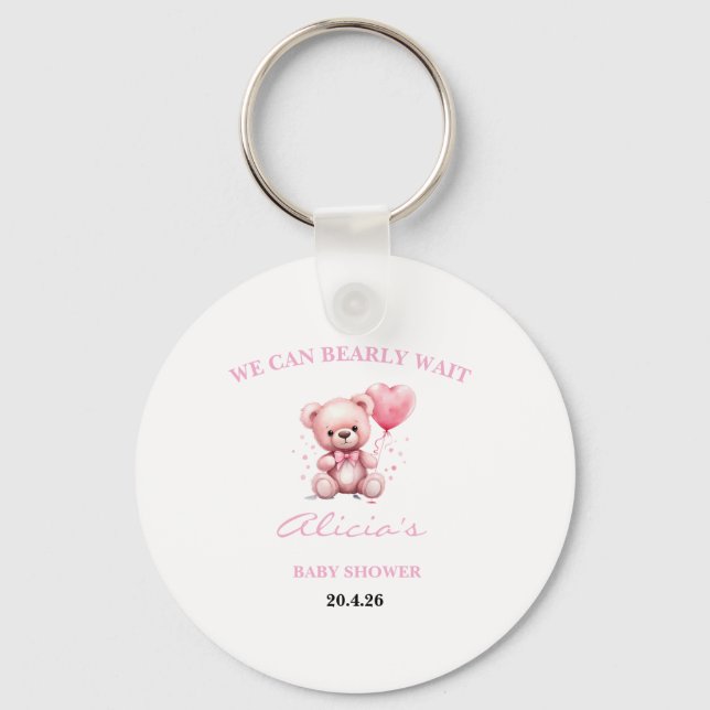 Porte-clés Baby Shower Ours en peluche rose (Recto)