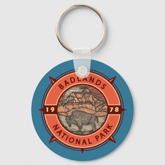 Porte-clés Badlands National Park Buffalo Retro Compass (Recto)