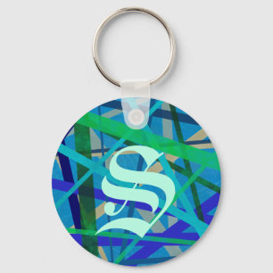 Porte-clés Bague de clé Monogramme Motif géométrique bleu et