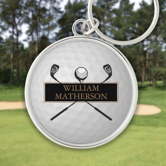 Porte-clés Balle de golf classique personnalisée or et noir (Personalized Gold and Black Golf Ball Classic Keychain)