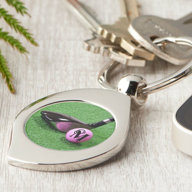 Porte-clés Balle de golf rose à motif fantaisie et monogramme (Créateur téléchargé)