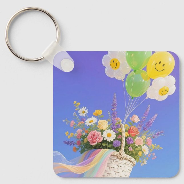 Porte-clés Ballon Smiley et Panier de Fleurs (Recto)