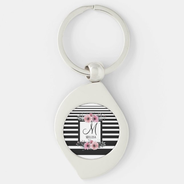 Porte-clés Bandes noires et blanches Monogramme floral rose (Devant)