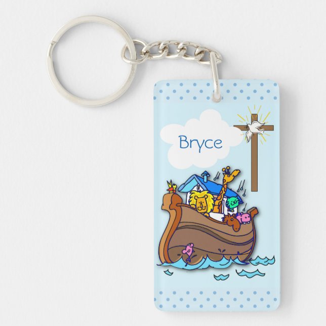 Porte-clés Baptême de l'Arche de Noé, Petit Garçon Bleu (Devant)